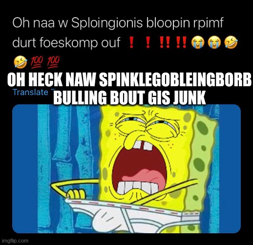 NO SPINKLEGOBLEINGBORB | OH HECK NAW SPINKLEGOBLEINGBORB BULLING BOUT GIS JUNK | image tagged in spongebob,spunch bop | made w/ Imgflip meme maker