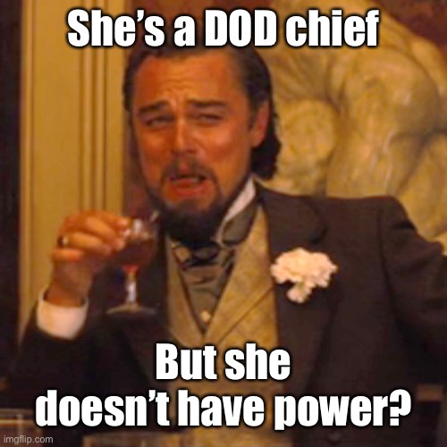 Laughing Leo Meme | She’s a DOD chief But she doesn’t have power? | image tagged in memes,laughing leo | made w/ Imgflip meme maker