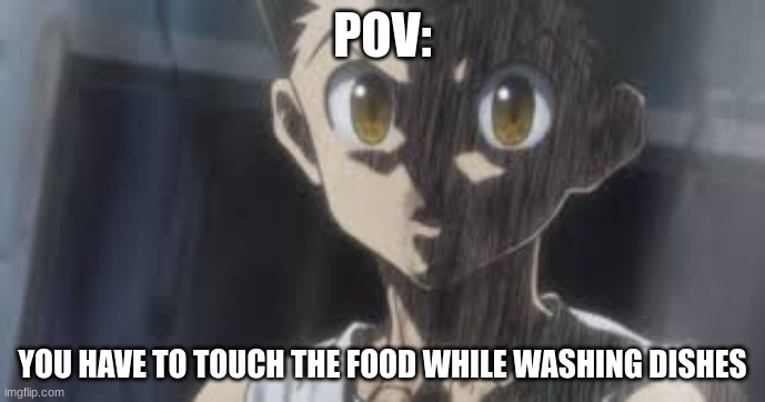POV:; YOU HAVE TO TOUCH THE FOOD WHILE WASHING DISHES | image tagged in hxh,chores,dishes | made w/ Imgflip meme maker