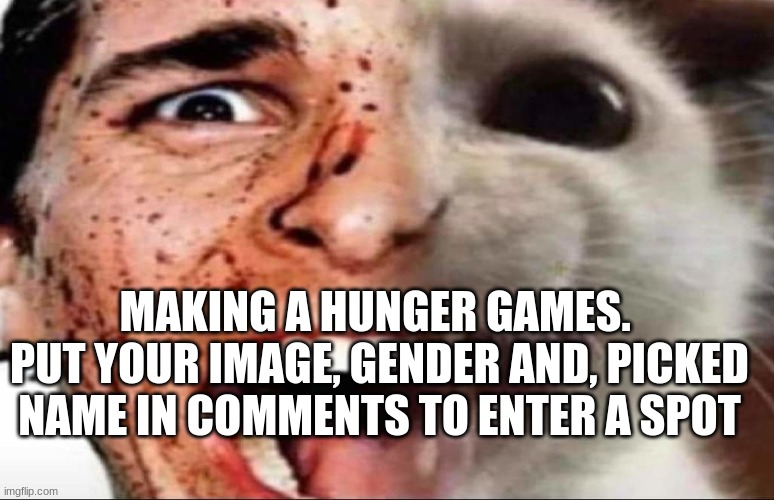 american psycho cat | MAKING A HUNGER GAMES. 
PUT YOUR IMAGE, GENDER AND, PICKED NAME IN COMMENTS TO ENTER A SPOT | image tagged in american psycho cat | made w/ Imgflip meme maker