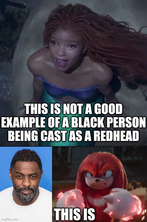 Virgin Halle Bailey Ariel vs Chad Idris Elba Knuckles |  THIS IS NOT A GOOD EXAMPLE OF A BLACK PERSON BEING CAST AS A REDHEAD; THIS IS | image tagged in the little mermaid,sonic the hedgehog,knuckles,hollywood,woke,disney | made w/ Imgflip meme maker