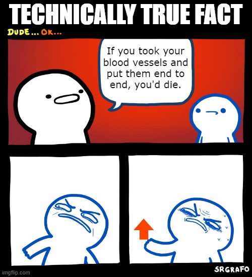 Can't argue with that logic. | TECHNICALLY TRUE FACT; If you took your
blood vessels and
put them end to
end, you'd die. | image tagged in angry upvote | made w/ Imgflip meme maker