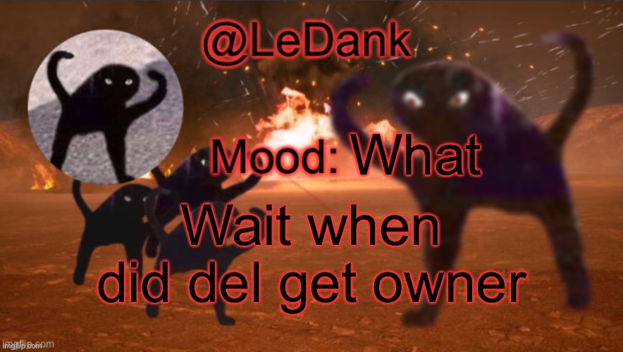 LeDank template | What; Wait when did del get owner | image tagged in ledank template | made w/ Imgflip meme maker