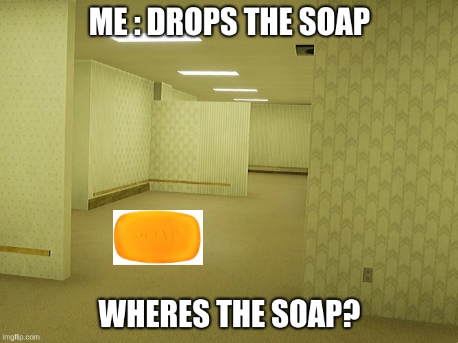Backrooms | ME : DROPS THE SOAP; WHERES THE SOAP? | image tagged in backrooms | made w/ Imgflip meme maker