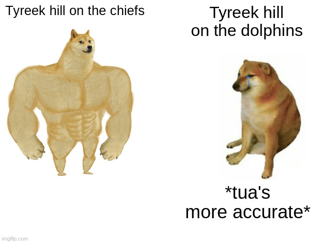 Tyreek | Tyreek hill on the chiefs; Tyreek hill on the dolphins; *tua's more accurate* | image tagged in memes,buff doge vs cheems | made w/ Imgflip meme maker