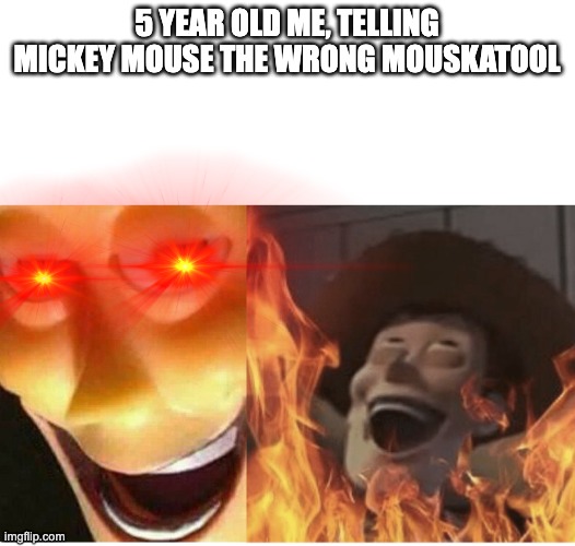 Fire Woody | 5 YEAR OLD ME, TELLING MICKEY MOUSE THE WRONG MOUSKATOOL | image tagged in fire woody | made w/ Imgflip meme maker