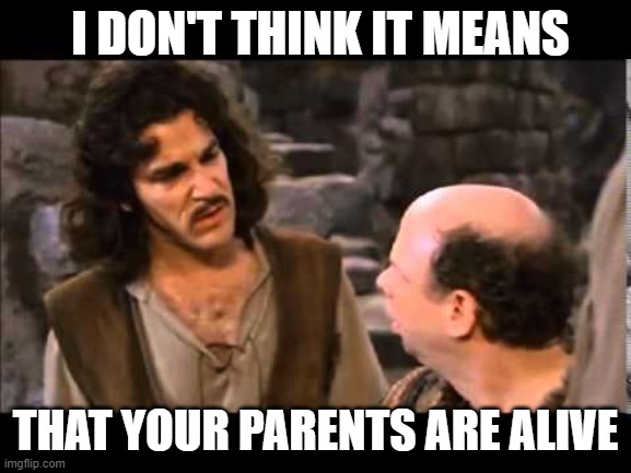 i don't think it means | I DON'T THINK IT MEANS THAT YOUR PARENTS ARE ALIVE | image tagged in i don't think it means | made w/ Imgflip meme maker