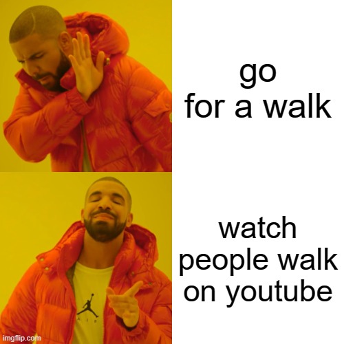 Drake Hotline Bling Meme | go for a walk; watch people walk on youtube | image tagged in memes,drake hotline bling | made w/ Imgflip meme maker