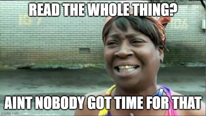 Ain't nobody got time for that. | READ THE WHOLE THING? AINT NOBODY GOT TIME FOR THAT | image tagged in ain't nobody got time for that | made w/ Imgflip meme maker