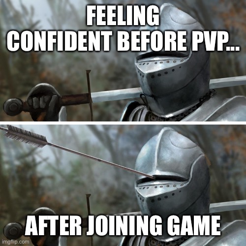 Knight Arrow | FEELING CONFIDENT BEFORE PVP... AFTER JOINING GAME | image tagged in knight arrow | made w/ Imgflip meme maker