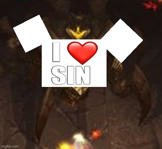 Azmodan from Diablo III expressing his diabolical love of sin with a t-shirt | image tagged in diablo,evil,devil | made w/ Imgflip meme maker