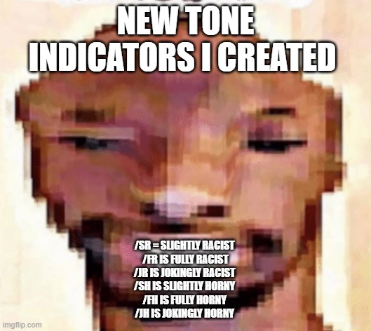 You're welcome | NEW TONE INDICATORS I CREATED; /SR = SLIGHTLY RACIST 
/FR IS FULLY RACIST
/JR IS JOKINGLY RACIST 
/SH IS SLIGHTLY HORNY 
/FH IS FULLY HORNY 
/JH IS JOKINGLY HORNY | image tagged in the shittiest of shitposts | made w/ Imgflip meme maker