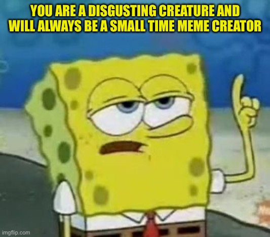 I'll Have You Know Spongebob Meme | YOU ARE A DISGUSTING CREATURE AND WILL ALWAYS BE A SMALL TIME MEME CREATOR | image tagged in memes,i'll have you know spongebob | made w/ Imgflip meme maker