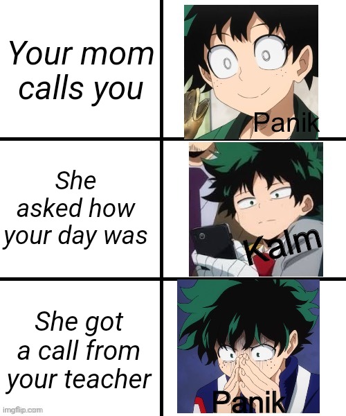 Panik Deku | Your mom calls you; She asked how your day was; She got a call from your teacher | image tagged in panik deku | made w/ Imgflip meme maker