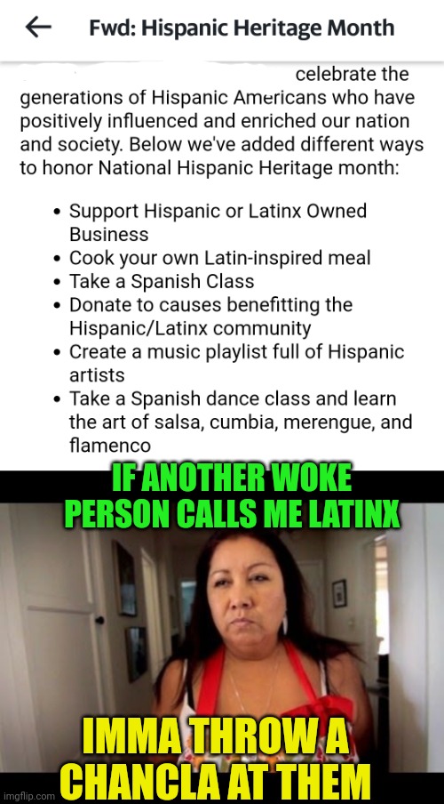 Playing salsa music will help Hispanics how? | IF ANOTHER WOKE PERSON CALLS ME LATINX; IMMA THROW A CHANCLA AT THEM | image tagged in hispanic mom 2 | made w/ Imgflip meme maker