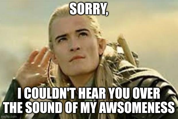 legolas | SORRY, I COULDN'T HEAR YOU OVER THE SOUND OF MY AWSOMENESS | image tagged in legolas | made w/ Imgflip meme maker