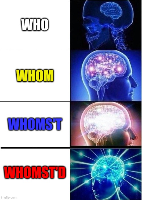 omg chad time | WHO; WHOM; WHOMS'T; WHOMST'D | image tagged in memes,expanding brain,who,whom,whoms't,whomst'd | made w/ Imgflip meme maker