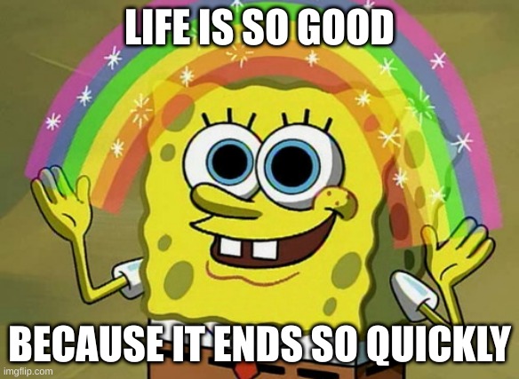 i made this in the bathroom | LIFE IS SO GOOD; BECAUSE IT ENDS SO QUICKLY | image tagged in memes,imagination spongebob | made w/ Imgflip meme maker