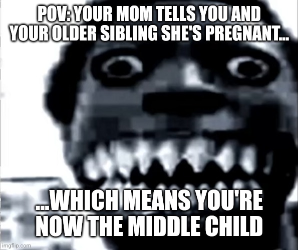 I know most kids get excited about this, but here's how they should feel IMO. | POV: YOUR MOM TELLS YOU AND YOUR OLDER SIBLING SHE'S PREGNANT... ...WHICH MEANS YOU'RE NOW THE MIDDLE CHILD | image tagged in mr incredible becoming uncanny phase 22,baby,siblings | made w/ Imgflip meme maker