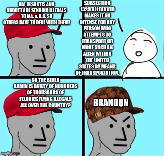 Liberal memer admits Bide. Admin is criminal organization | SO THE BIDEN ADMIN IS GUILTY OF HUNDREDS OF THOUSANDS OF FELONIES FLYING ILLEGALS ALL OVER THE COUNTRY? BRANDON | made w/ Imgflip meme maker