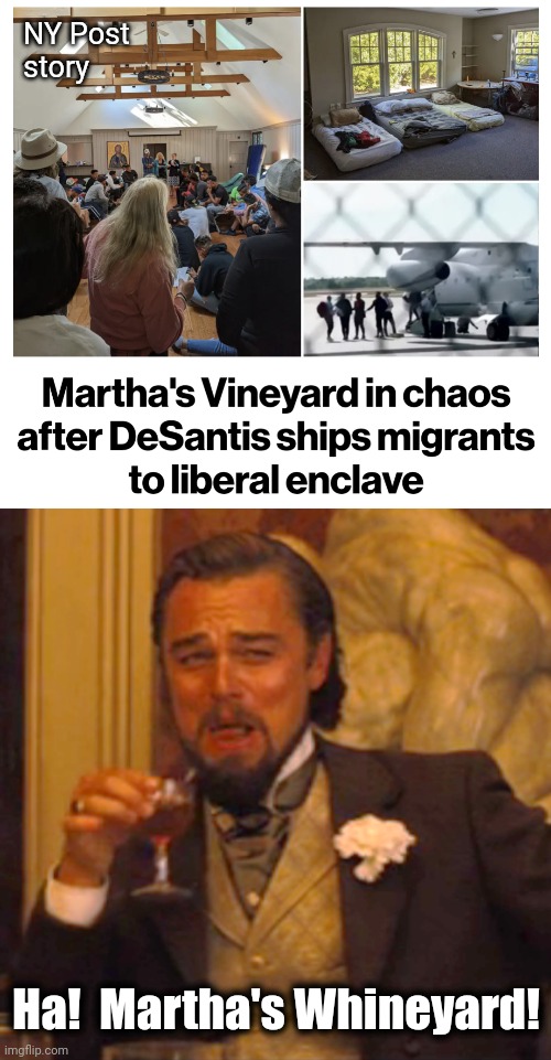 Perfect! | NY Post
story; Ha!  Martha's Whineyard! | image tagged in memes,laughing leo,martha's vineyard,migrants,sanctuary,ron desantis | made w/ Imgflip meme maker