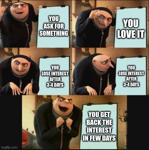 5 panel gru meme | YOU ASK FOR SOMETHING; YOU LOVE IT; YOU LOSE INTEREST AFTER 3-4 DAYS; YOU LOSE INTEREST AFTER 3-4 DAYS; YOU GET BACK THE INTEREST IN FEW DAYS | image tagged in 5 panel gru meme | made w/ Imgflip meme maker