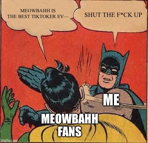 Batman Slapping Robin | MEOWBAHH IS THE BEST TIKTOKER EV—; SHUT THE F*CK UP; ME; MEOWBAHH FANS | image tagged in memes,batman slapping robin | made w/ Imgflip meme maker