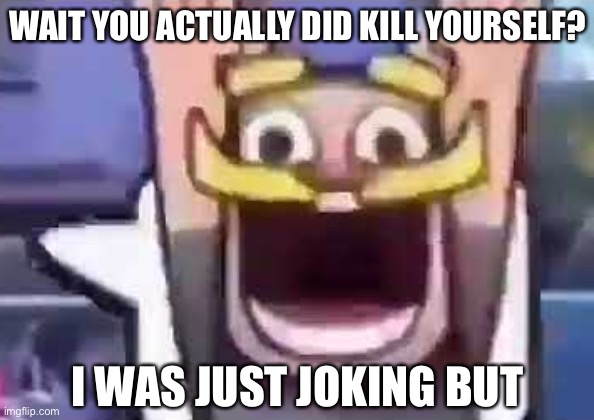 clash royale knight emote | WAIT YOU ACTUALLY DID KILL YOURSELF? I WAS JUST JOKING BUT | image tagged in clash royale knight emote | made w/ Imgflip meme maker