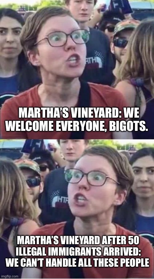 Angry Liberal Hypocrite | MARTHA’S VINEYARD: WE WELCOME EVERYONE, BIGOTS. MARTHA’S VINEYARD AFTER 50 ILLEGAL IMMIGRANTS ARRIVED: WE CAN’T HANDLE ALL THESE PEOPLE | image tagged in angry liberal hypocrite,politics | made w/ Imgflip meme maker