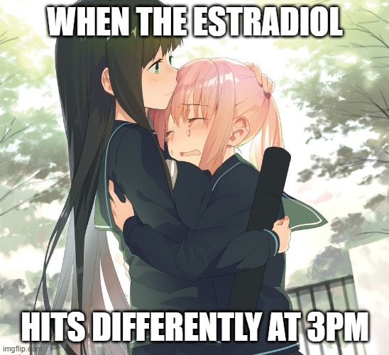 estradiol | WHEN THE ESTRADIOL; HITS DIFFERENTLY AT 3PM | image tagged in estrogen,trans,mtf | made w/ Imgflip meme maker