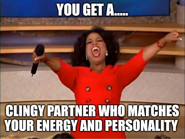 When your partner turns into a meme | YOU GET A..... CLINGY PARTNER WHO MATCHES YOUR ENERGY AND PERSONALITY | image tagged in memes,oprah you get a,lgbtq,partners in crime,soulmates | made w/ Imgflip meme maker