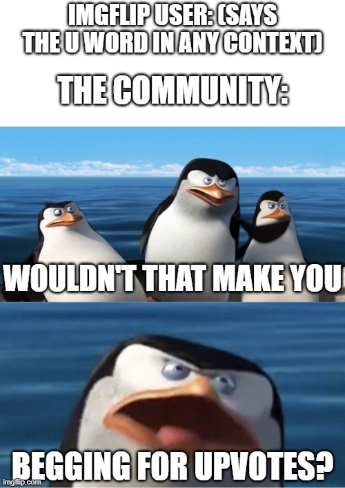 Sometimes they aren't even begging for upvotes and other people accuse them of doing it |  IMGFLIP USER: (SAYS THE U WORD IN ANY CONTEXT); THE COMMUNITY:; WOULDN'T THAT MAKE YOU; BEGGING FOR UPVOTES? | image tagged in wouldn't that make you | made w/ Imgflip meme maker