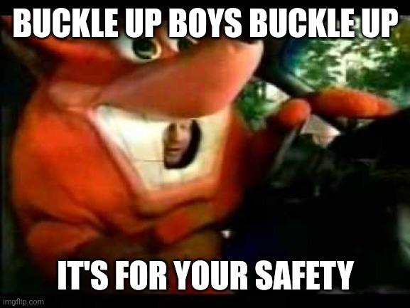 Buckle up | BUCKLE UP BOYS BUCKLE UP; IT'S FOR YOUR SAFETY | image tagged in crash bandicoot driving | made w/ Imgflip meme maker