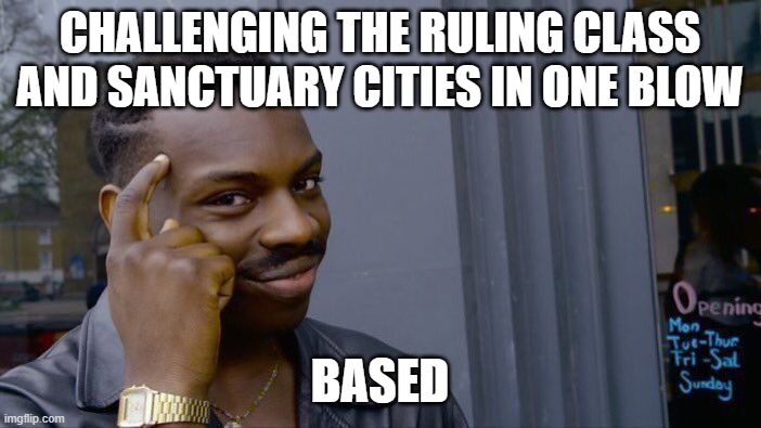Roll Safe Think About It Meme | CHALLENGING THE RULING CLASS AND SANCTUARY CITIES IN ONE BLOW BASED | image tagged in memes,roll safe think about it | made w/ Imgflip meme maker