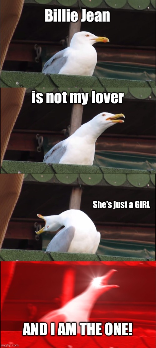 Yes | Billie Jean; is not my lover; She’s just a GIRL; AND I AM THE ONE! | image tagged in memes,inhaling seagull | made w/ Imgflip meme maker
