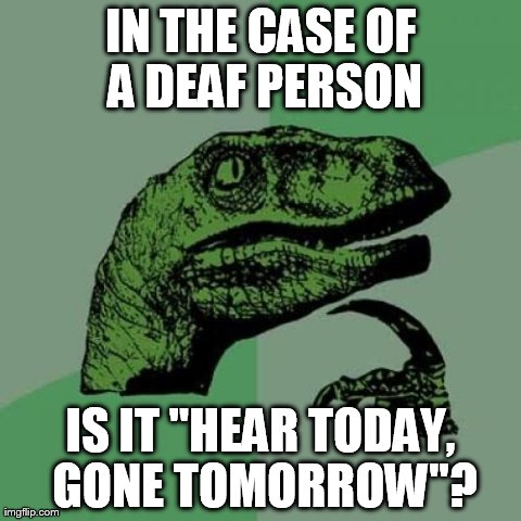 Philosoraptor | IN THE CASE OF A DEAF PERSON IS IT "HEAR TODAY, GONE TOMORROW"? | image tagged in memes,philosoraptor | made w/ Imgflip meme maker