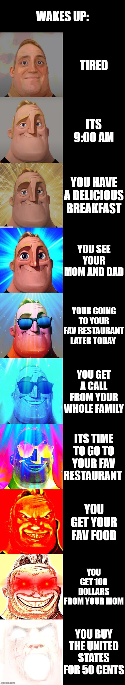 mr incredible becoming canny | WAKES UP:; TIRED; ITS 9:00 AM; YOU HAVE A DELICIOUS BREAKFAST; YOU SEE YOUR MOM AND DAD; YOUR GOING TO YOUR FAV RESTAURANT LATER TODAY; YOU GET A CALL FROM YOUR WHOLE FAMILY; ITS TIME TO GO TO YOUR FAV RESTAURANT; YOU GET YOUR FAV FOOD; YOU GET 100 DOLLARS FROM YOUR MOM; YOU BUY THE UNITED STATES FOR 50 CENTS | image tagged in mr incredible becoming canny | made w/ Imgflip meme maker