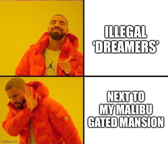 drake yes no reverse | ILLEGAL ‘DREAMERS’; NEXT TO MY MALIBU GATED MANSION | image tagged in drake yes no reverse | made w/ Imgflip meme maker