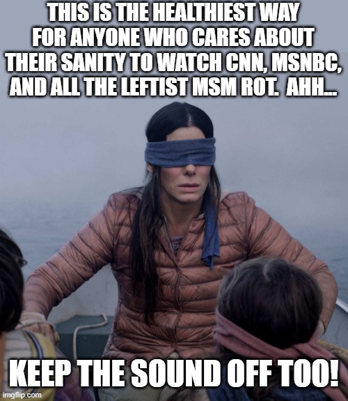 If You're Going To Watch CNN, Go Into It Blindly... | THIS IS THE HEALTHIEST WAY FOR ANYONE WHO CARES ABOUT THEIR SANITY TO WATCH CNN, MSNBC, AND ALL THE LEFTIST MSM ROT.  AHH... KEEP THE SOUND OFF TOO! | image tagged in memes,bird box,msm lies,fake news,mainstream media,media lies | made w/ Imgflip meme maker