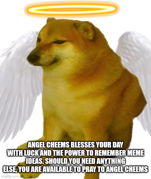 May you be blessed by angel cheems | ANGEL CHEEMS BLESSES YOUR DAY WITH LUCK AND THE POWER TO REMEMBER MEME IDEAS. SHOULD YOU NEED ANYTHING ELSE, YOU ARE AVAILABLE TO PRAY TO ANGEL CHEEMS | image tagged in angel,memes,blessings,good luck,have a nice day | made w/ Imgflip meme maker