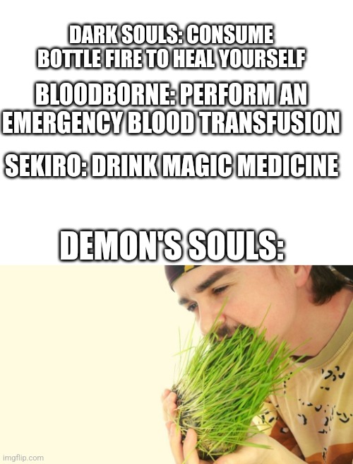 DARK SOULS: CONSUME BOTTLE FIRE TO HEAL YOURSELF; BLOODBORNE: PERFORM AN EMERGENCY BLOOD TRANSFUSION; SEKIRO: DRINK MAGIC MEDICINE; DEMON'S SOULS: | image tagged in blank white template | made w/ Imgflip meme maker