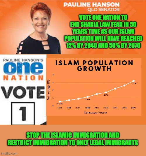 Stop the islamic immigration because of overpopulation, sharia law meaning no more Christianity and Terrorism | VOTE ONE NATION TO END SHARIA LAW FEAR IN 50 YEARS TIME AS OUR ISLAM POPULATION WILL HAVE REACHED 12% BY 2040 AND 50% BY 2070; STOP THE ISLAMIC IMMIGRATION AND RESTRICT IMMIGRATION TO ONLY LEGAL IMMIGRANTS | image tagged in pauline hanson one nation,overpopulation,sharia law,terrorism,prediction | made w/ Imgflip meme maker