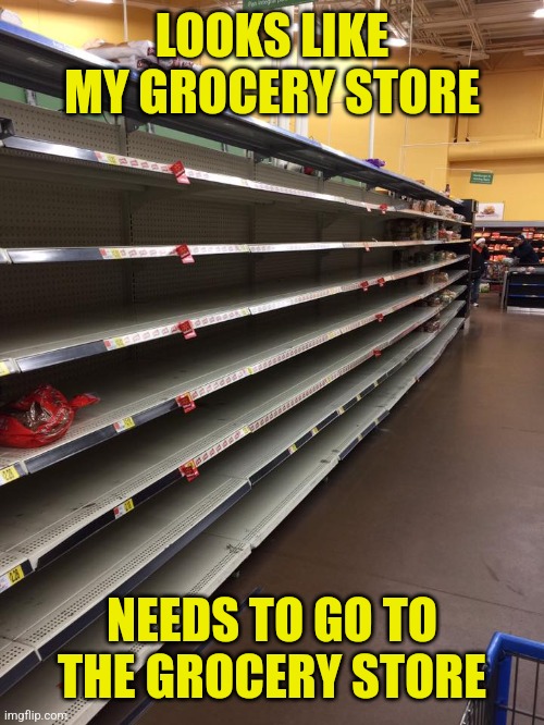 empty shelves | LOOKS LIKE MY GROCERY STORE NEEDS TO GO TO THE GROCERY STORE | image tagged in empty shelves | made w/ Imgflip meme maker