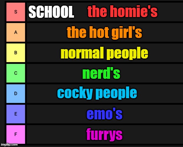 school | the homie's; SCHOOL; the hot girl's; normal people; nerd's; cocky people; emo's; furrys | image tagged in tier list | made w/ Imgflip meme maker