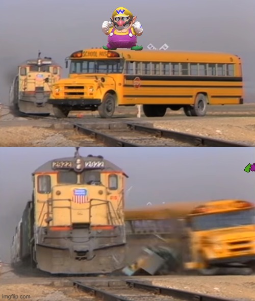 Wario Dies Bus Surfing when the bus he's surfing on gets hit by a train .mp4 | image tagged in a train hitting a school bus,wario dies | made w/ Imgflip meme maker