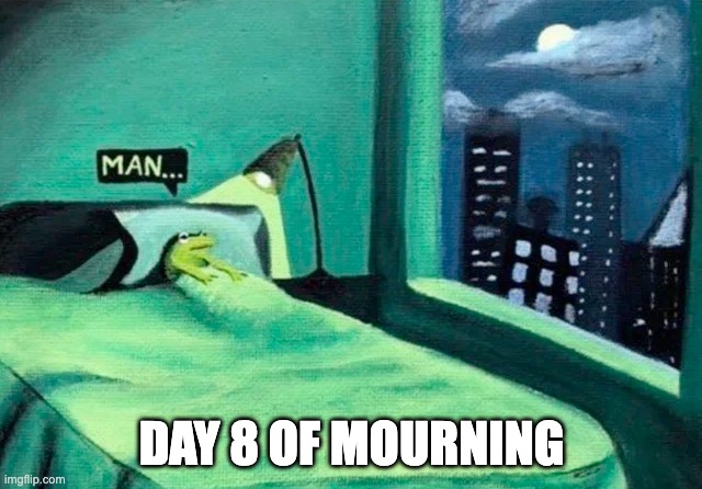 Random thought frog | DAY 8 OF MOURNING | image tagged in random thought frog | made w/ Imgflip meme maker