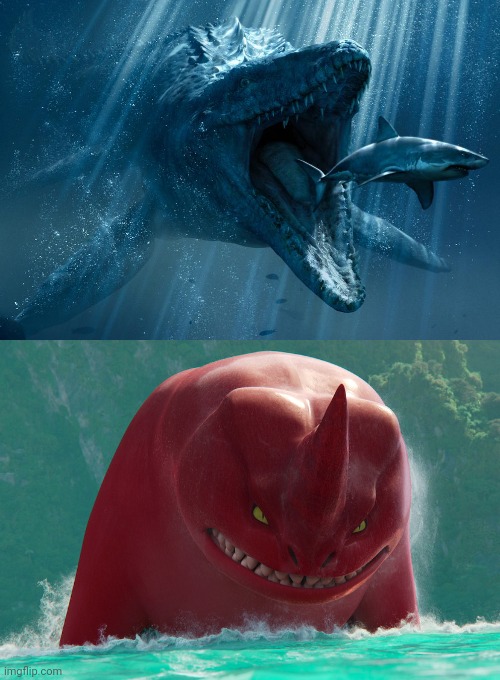 Mosasaurus (JP/W) vs Red (Sea Beast) (Who would win) | image tagged in angry red,jurassic park,jurassic world,who would win,crossover,sea beast | made w/ Imgflip meme maker