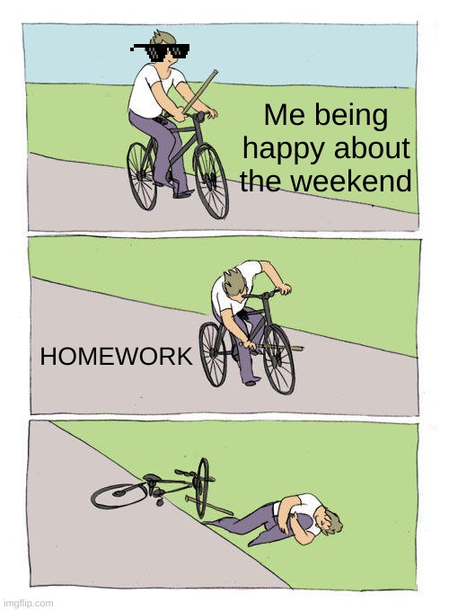 My LIFE | Me being happy about the weekend; HOMEWORK | image tagged in memes,bike fall | made w/ Imgflip meme maker