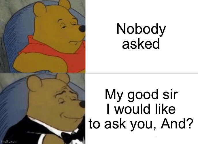 Nobody asked part 2 | Nobody asked; My good sir I would like to ask you, And? | image tagged in memes,tuxedo winnie the pooh,part 2,nobody asked,fancy,e | made w/ Imgflip meme maker