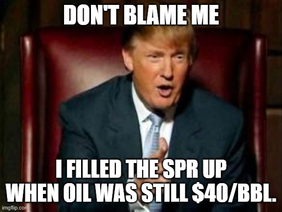 Donald Trump | DON'T BLAME ME I FILLED THE SPR UP WHEN OIL WAS STILL $40/BBL. | image tagged in donald trump | made w/ Imgflip meme maker